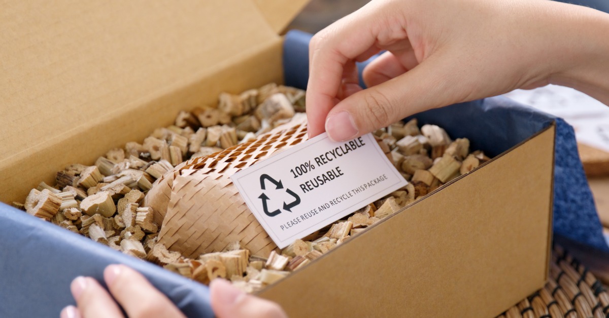 An open packaging box with small kraft paper peanuts. Someone pulls out a card that reads "100% RECYCLABLE REUSABLE."