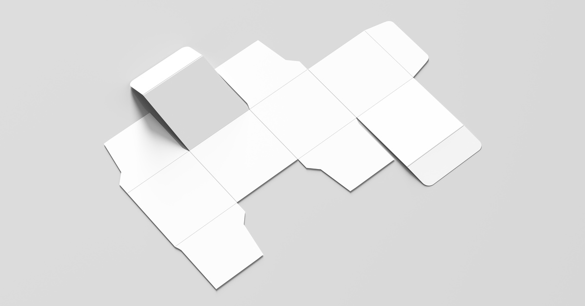A mock-up of an unfolded, flat carton against a white background. There are several panels, and the package is white.