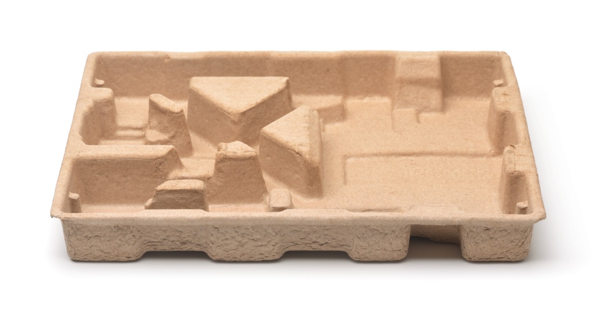 A rectangular molded pulp tray package against a white background. There are different divets and grooves in the tray.