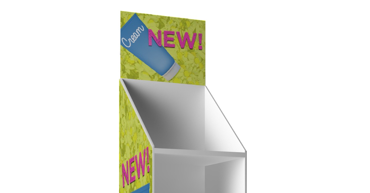 A tall store display with four shelves. The display features a bottle labeled "cream," while the display reads "new!"