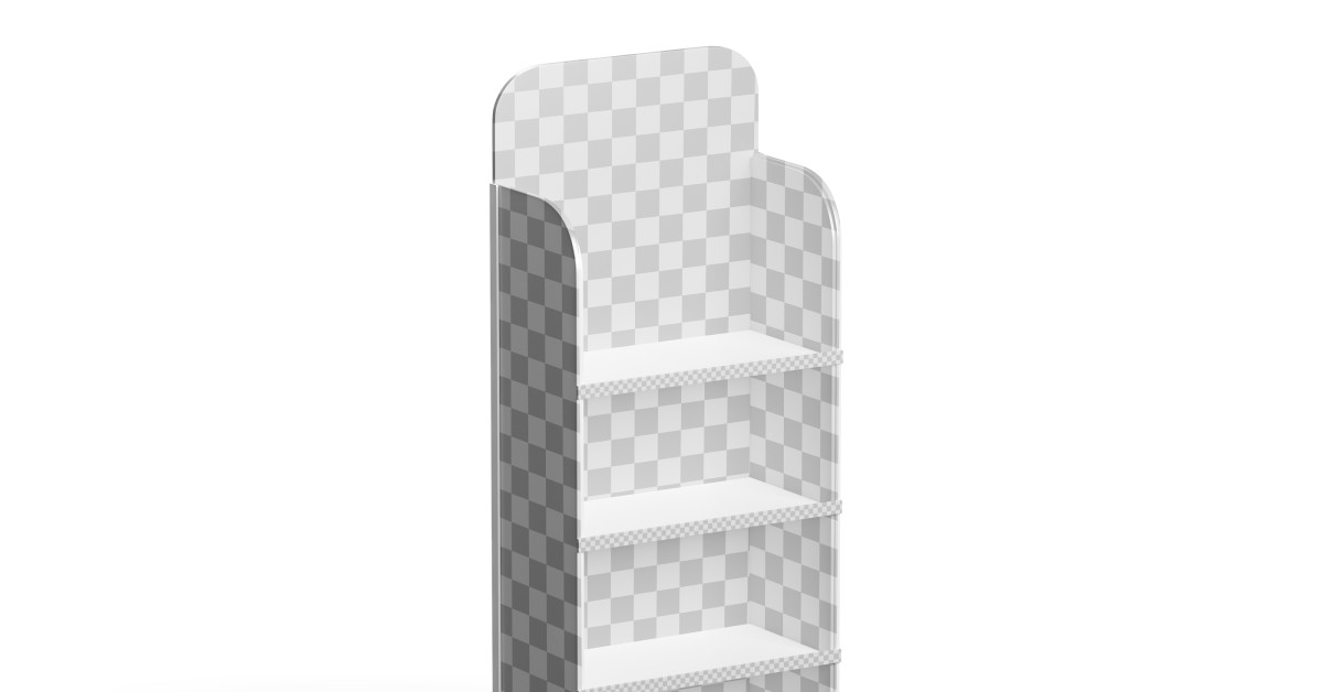 An example of a small black and yellow retail store display with shelves. The display reads "product stand mockup."