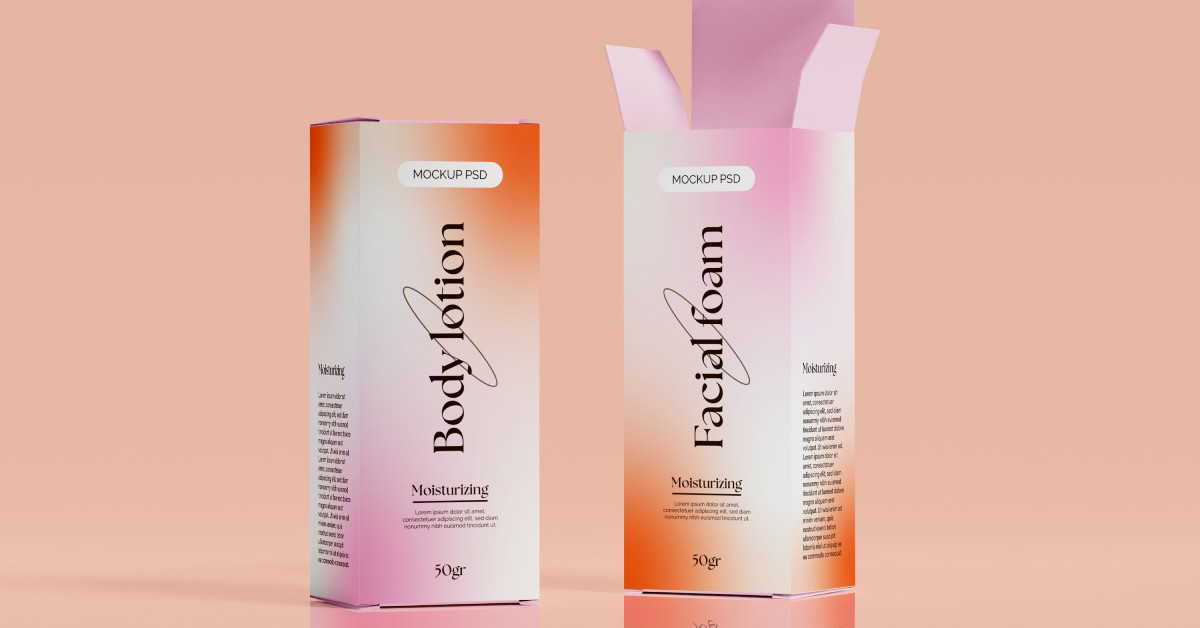 Two packaging cartons with a pink and orange tie-dye look. The boxes say "body lotion" and "facial foam."