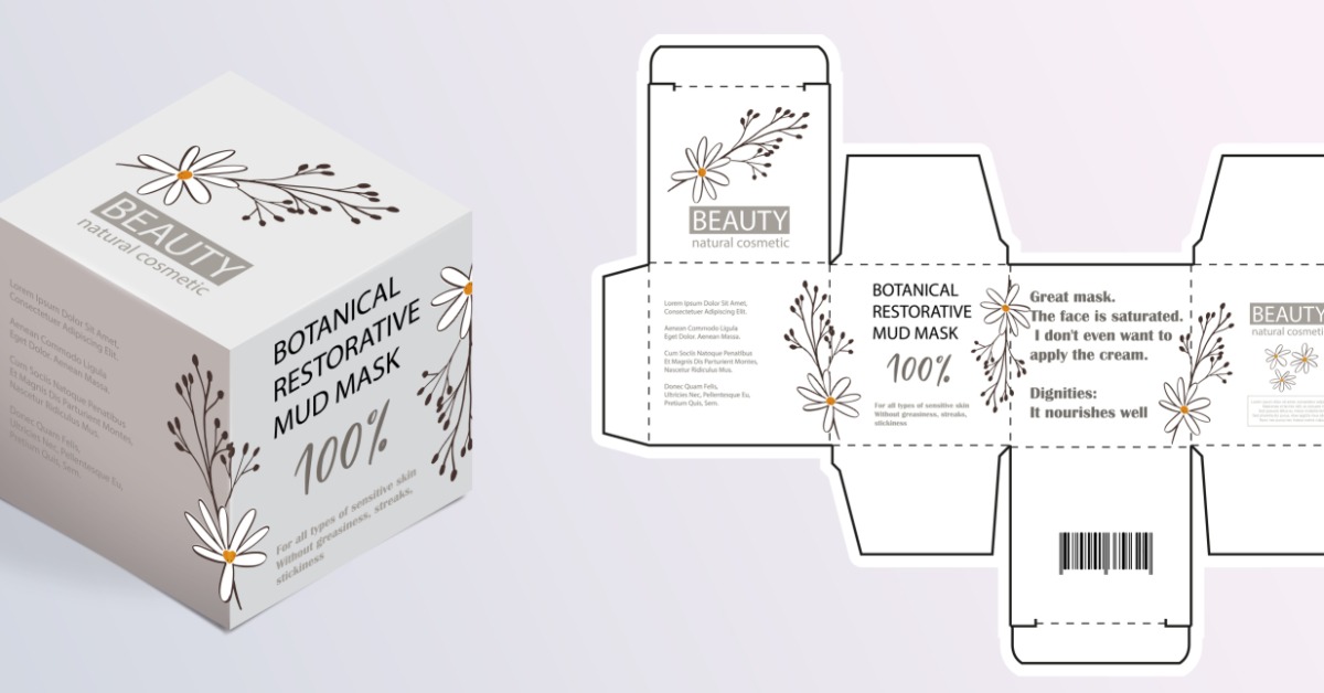 A mint green cosmetic box that says "BOTANICAL RESTORATIVE MUD MASK 100%." A package template is next to the box.
