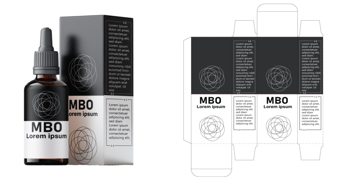 A serum bottle next to a black-and-white cosmetic box labeled "MBO Lorem Ipsum." A package template is to the right.