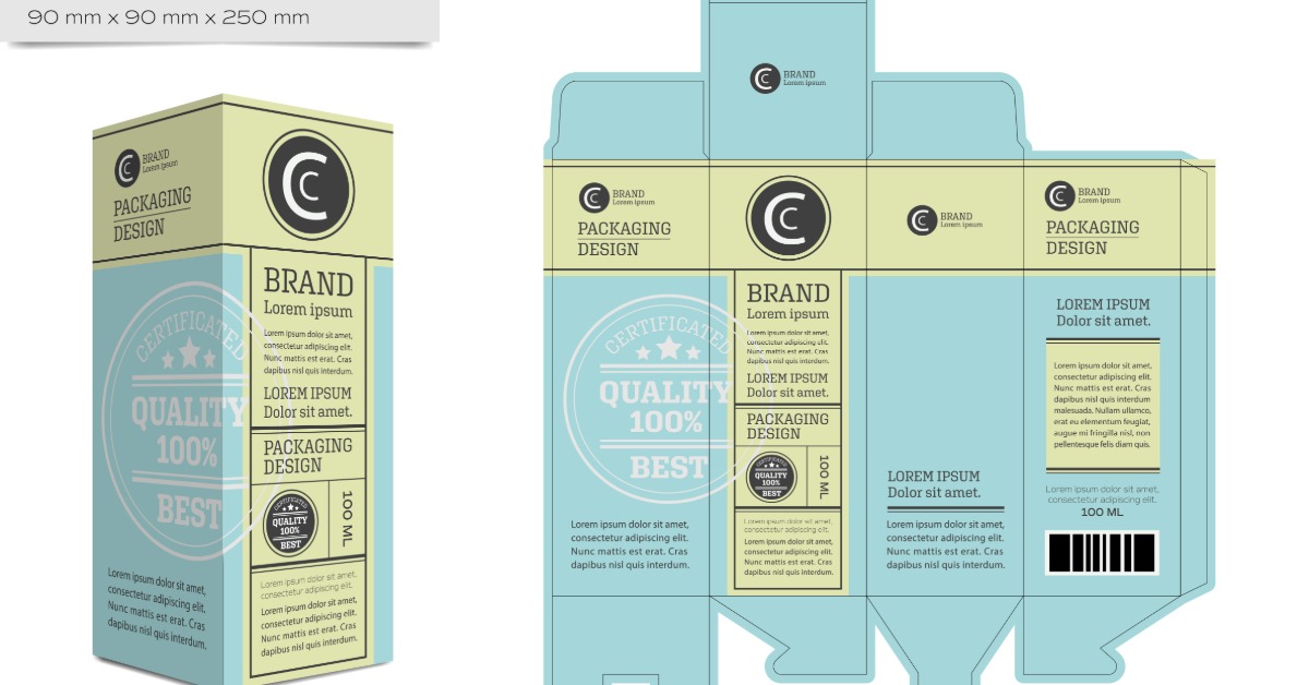 A mock-up of a tall rectangular cosmetic package with green and blue features on the box. A package template is next to the box.