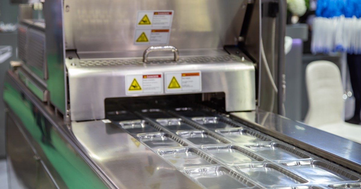 A heat sealing machine in a packaging facility. Empty, small plastic trays line the conveyor belt.