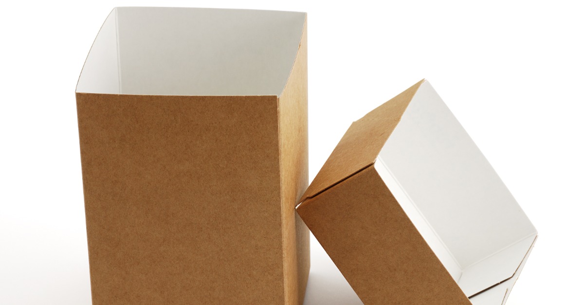  A rectangular box with thin walls, a brown exterior, a white interior, and a top on the side over a white background.